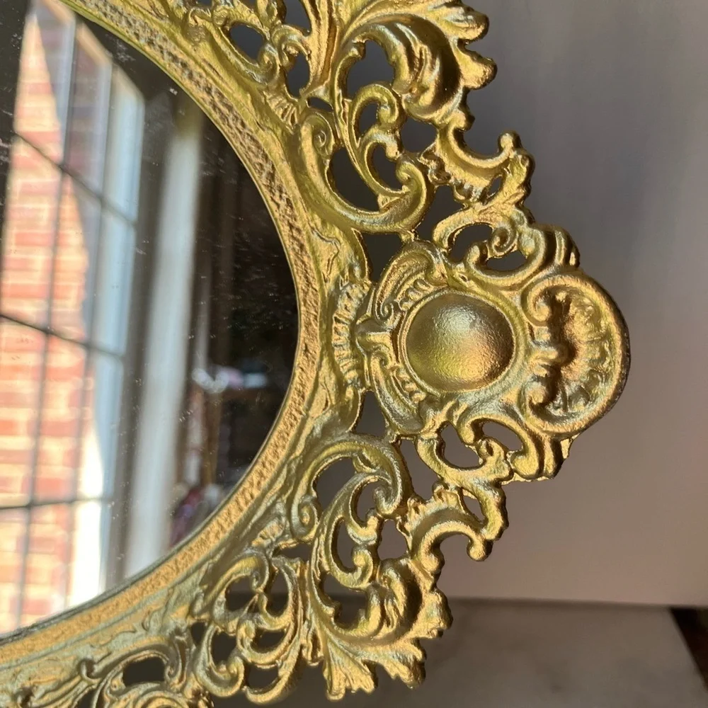 Vintage gold ornate oval wall mirror or vanity tray by Robert Emig 1960